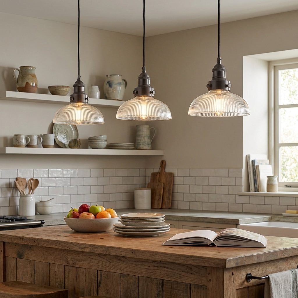 Dome ribbed glass pendant — hemisphere form with vertical ribbing and antique brass, minimalist pendant UK dining room kitchen