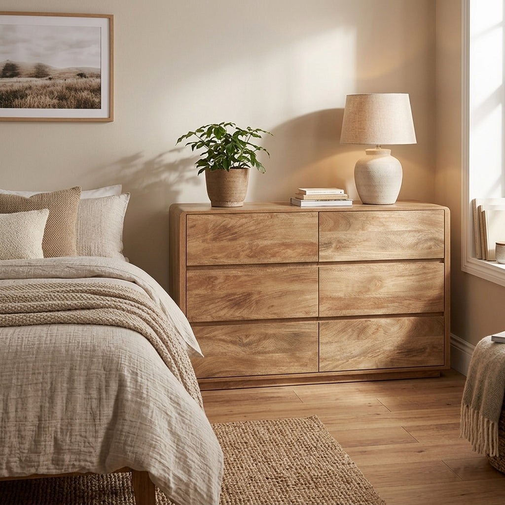 Holm oak wide 6-drawer chest — low wide natural oak Scandi bedroom storage UK