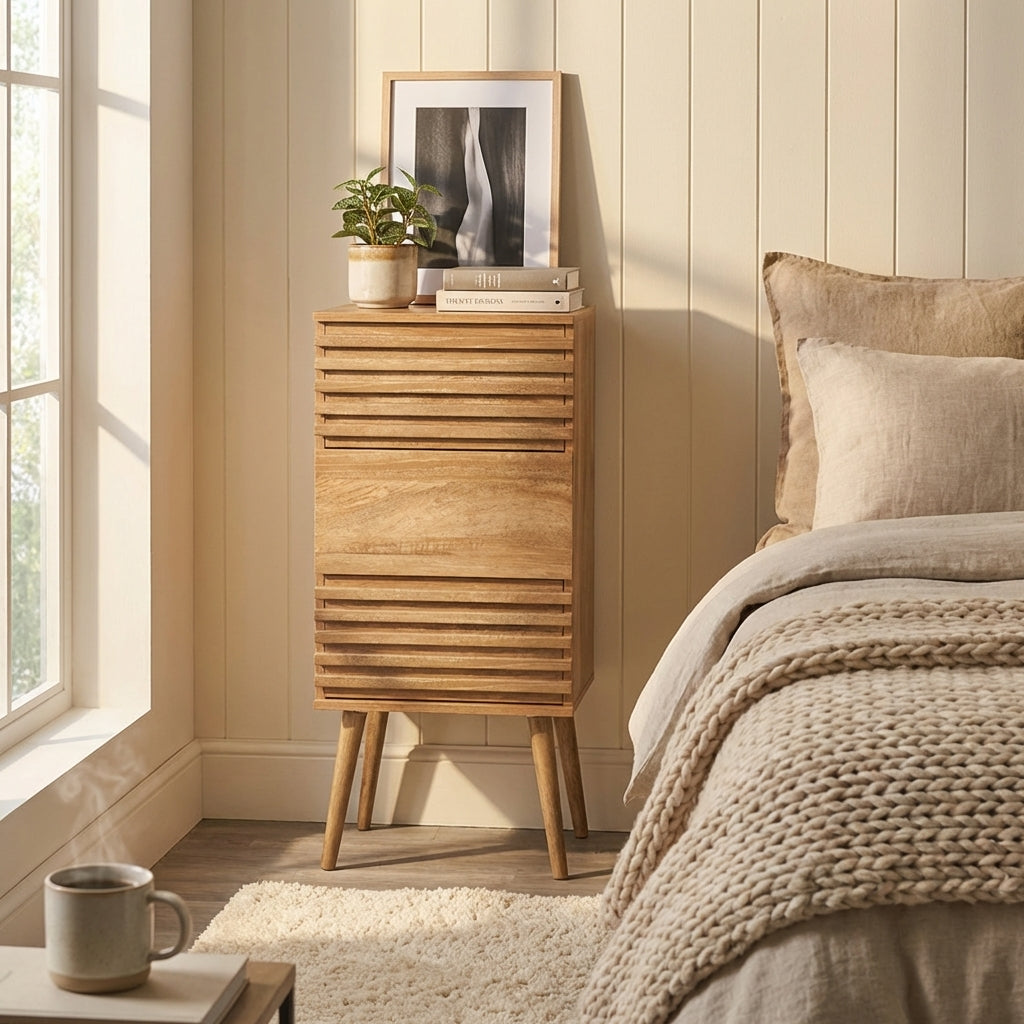 Skandi natural eucalyptus 3-drawer tall chest in chimney breast alcove — 43cm wide 33cm deep wardrobe alternative for small UK bedroom