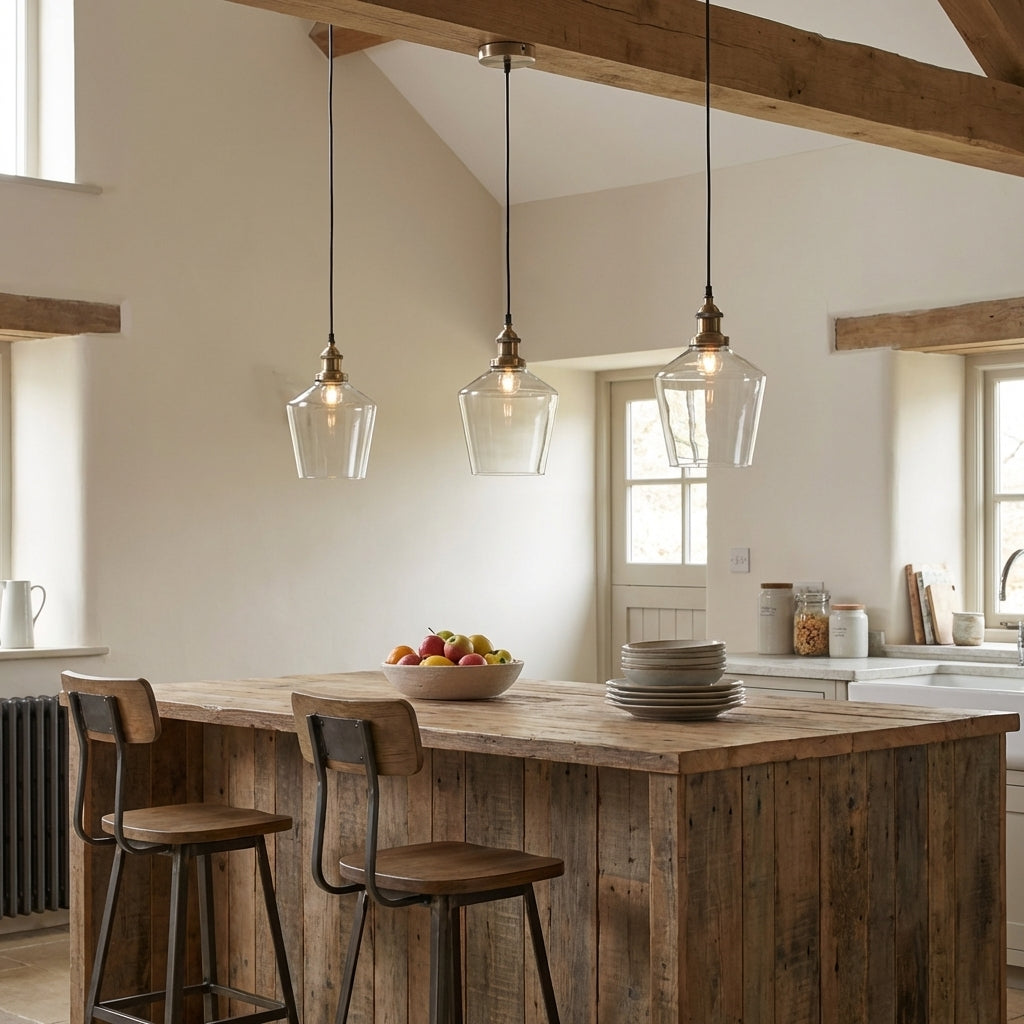 Clara glass cloche pendant — clear bell jar with antique brass, warm minimalist pendant UK kitchen dining room