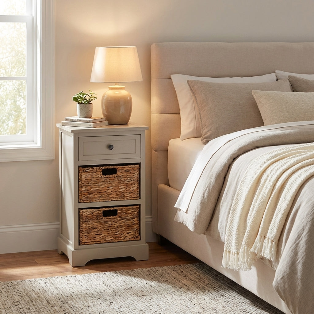 Meadow putty pine 1-drawer 2-basket bedside unit in a spare bedroom — 40cm wide 70cm tall with wicker baskets below drawer, natural organic texture beside a guest bed