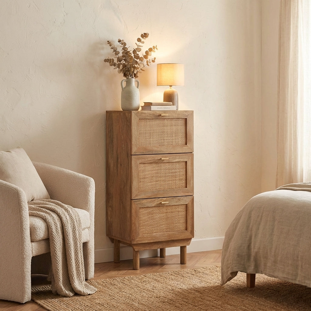 Henrik rattan-fronted 3-drawer tallboy in chimney breast alcove — 43cm wide 98cm tall wardrobe alternative, organic texture in small UK bedroom