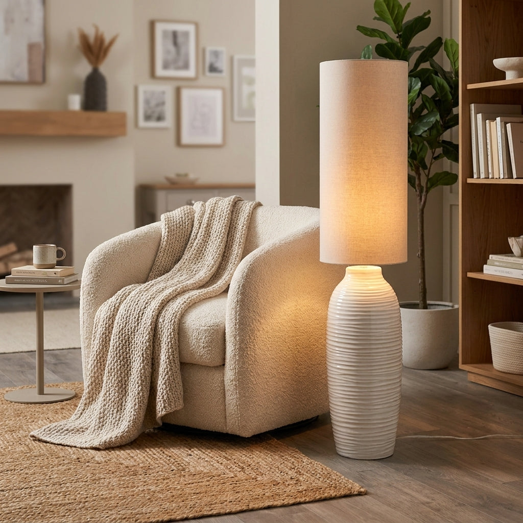 Solène white grooved ceramic floor lamp in a small living room — tall slender white ceramic base with vertical groove detail, natural cotton shade, Scandi styling