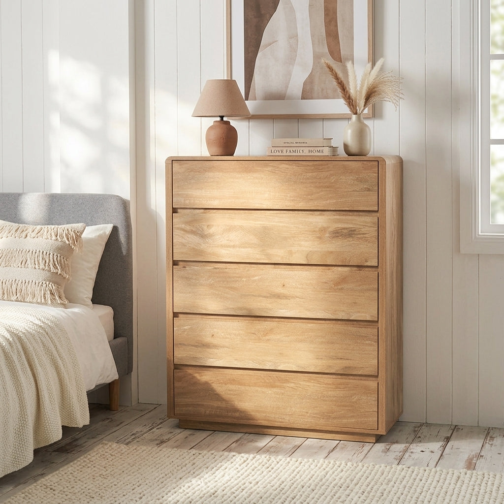 Holm oak tall 5-drawer chest — natural oak Scandi bedroom storage UK
