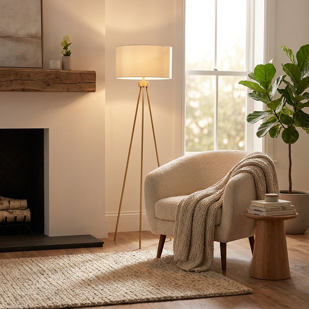 Estelle brushed brass tripod floor lamp in a small living room — warm brass legs with neutral linen shade, beside a sofa corner, warm ambient glow
