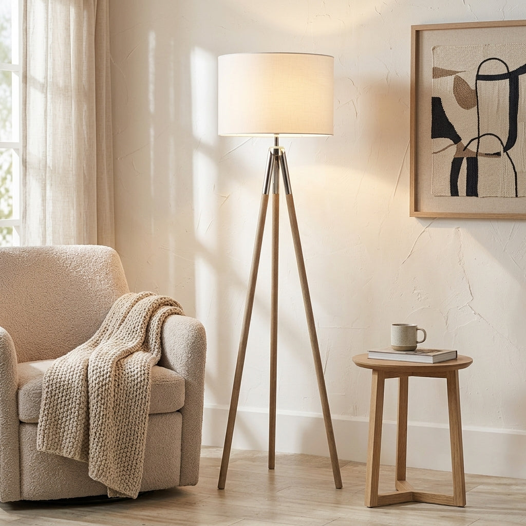 Grey wood grain tripod floor lamp in a small modern living room — warm grey wood texture legs with neutral shade, organic natural look in compact UK living space