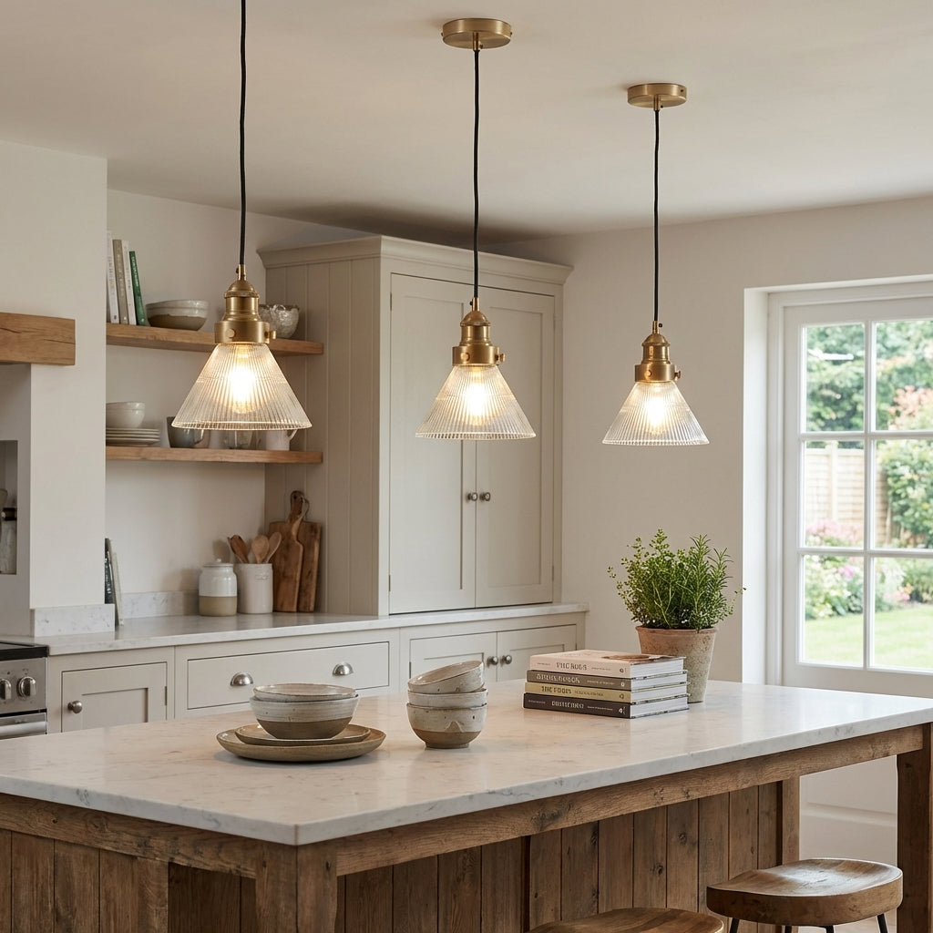 Spire conical ribbed glass pendant — conical form with vertical ribbing, functional minimalist kitchen pendant UK