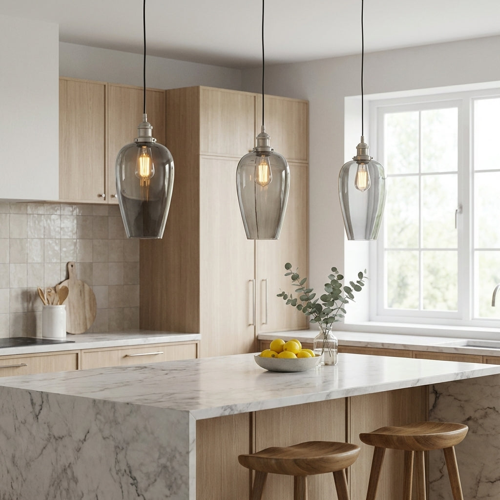 Sylvie smoked glass pendant lights in a row over dark kitchen cabinets — antique silver fitting, black fabric cable, atmospheric warm glow through tinted glass