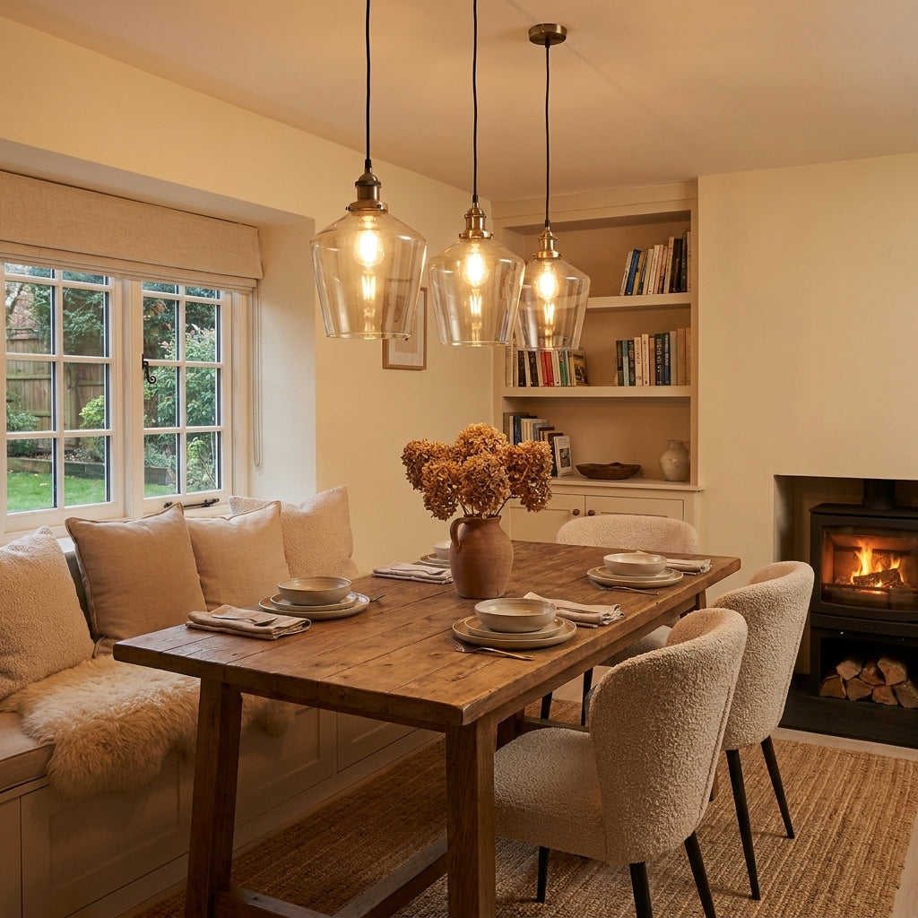 Clara Lustre frosted glass cloche pendant light over a cottage kitchen dining table — warm diffused candlelight glow through frosted bell jar, antique brass fitting