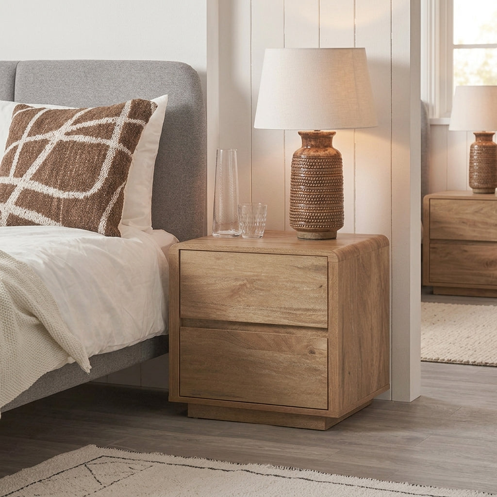 Holm oak 2-drawer bedside unit — natural oak Scandi storage UK