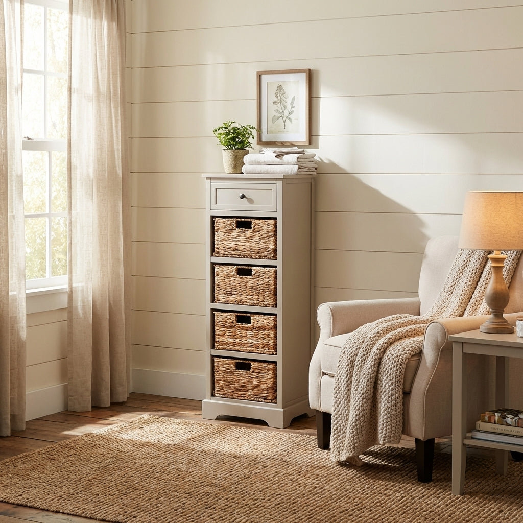 Devonshire grey pine drawer and wicker basket tall unit — mixed storage wardrobe alternative for small bedroom, removable baskets plus solid drawer