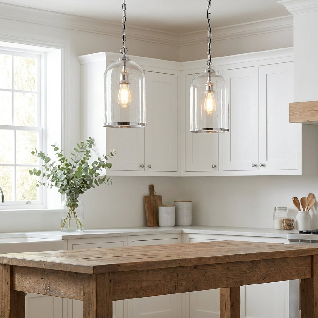 Neve glass cloche pendant — pale soft glass cloche with delicate fitting, minimalist pendant UK