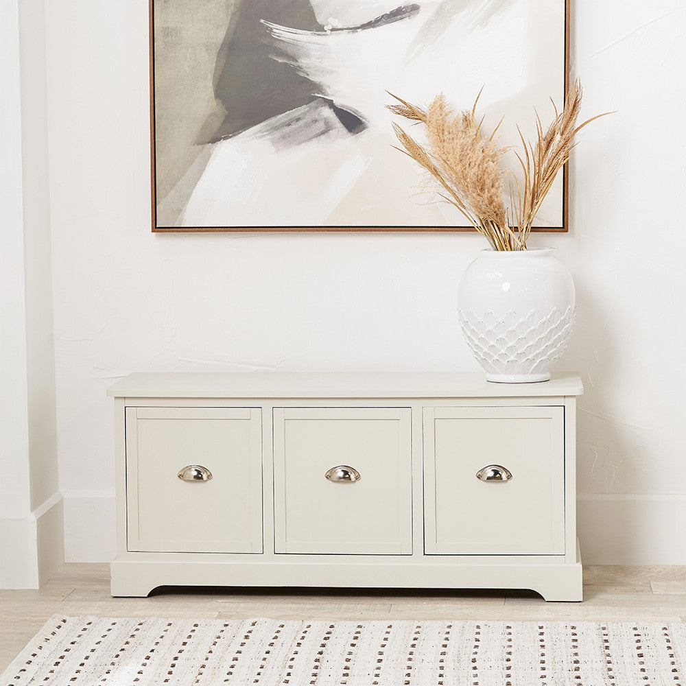 Croft Linen 3-drawer compact chest in a small bedroom — linen finish pine unit with silver handles, lower profile suitable for under windows and beside beds