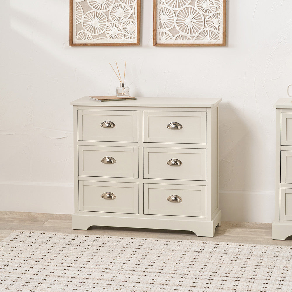Croft Linen 6-drawer tall chest — slim linen pine wardrobe alternative with six drawers for small bedroom with no wardrobe